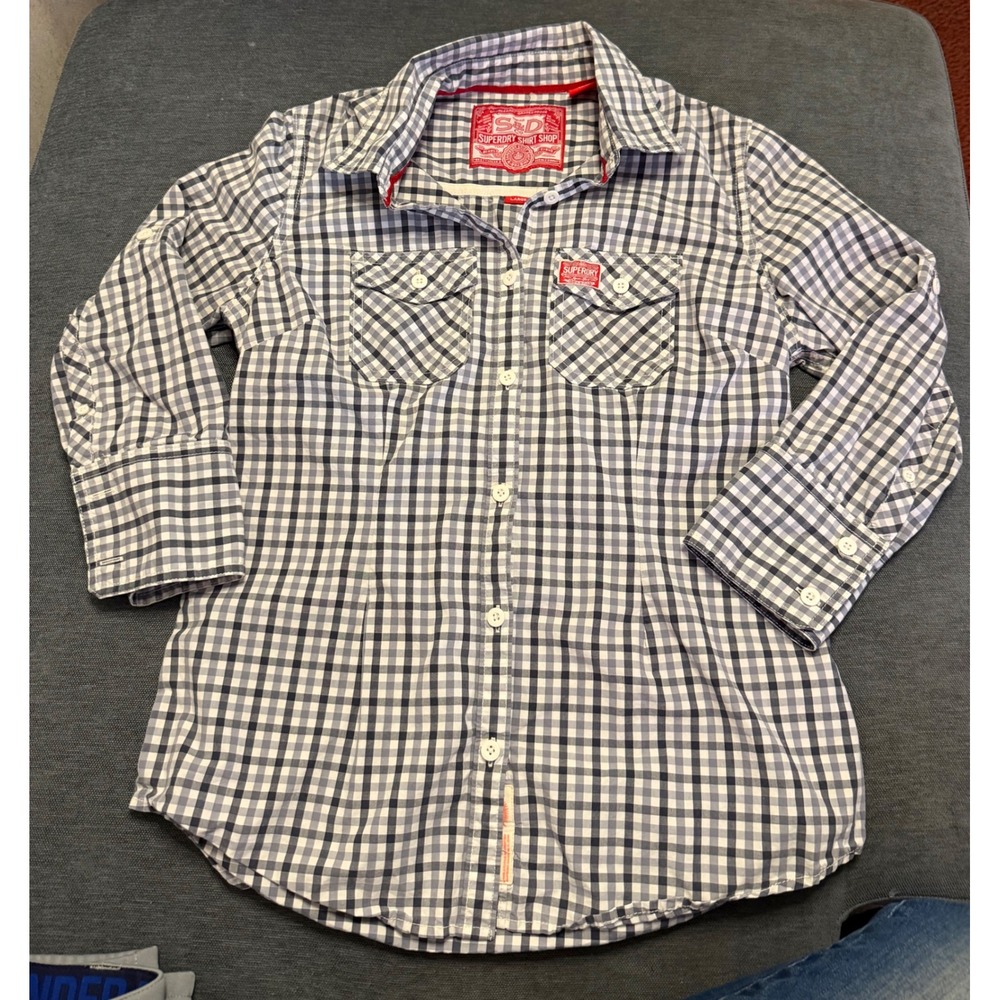 Superdry Shirt Shop Womens Large Navy Blue Gingham Check Button Down‎ Shirt